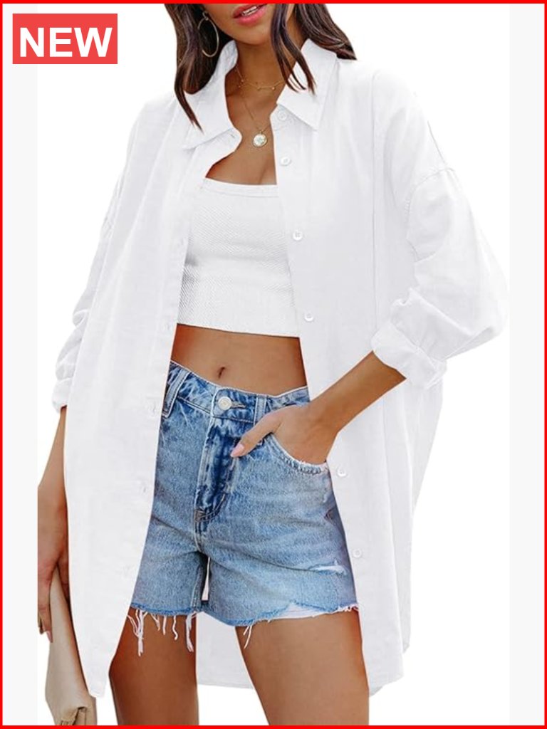 Oversized Casual Button Down Shirt Long Sleeve Lapel Blouse With Pockets